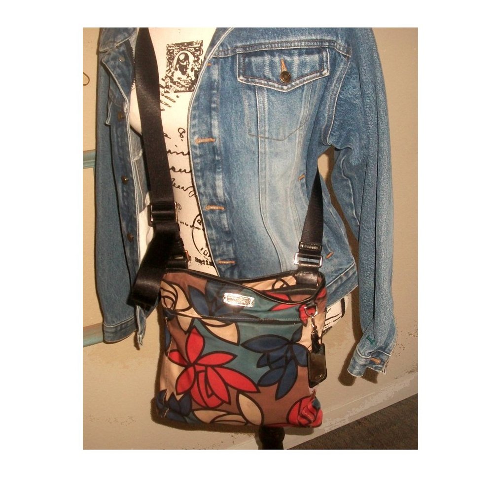 TUMI Nylon-Print and Leather Earth-Tone Crossbody Bag w 3 Large Compartments